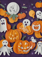 Cute Halloween Paper Art Illustration with Layered Cutouts and Pastel Tones