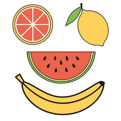 Vibrant Illustration of Summer Fruits Grapefruit Lemon Watermelon Banana