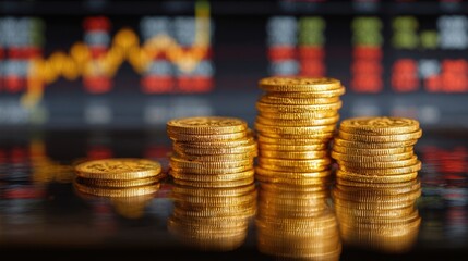 Market Dynamics An artistic layout of stacked golden coins positioned in front of a blurred stock market ticker capturing the essence of strategic investing in the face of cryptocurrency