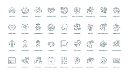 mental health awareness line icon set, healing burnout hope silence