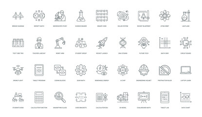 STEM education line icon set, Rocket group Robot arm launch Student labcoat Teacher