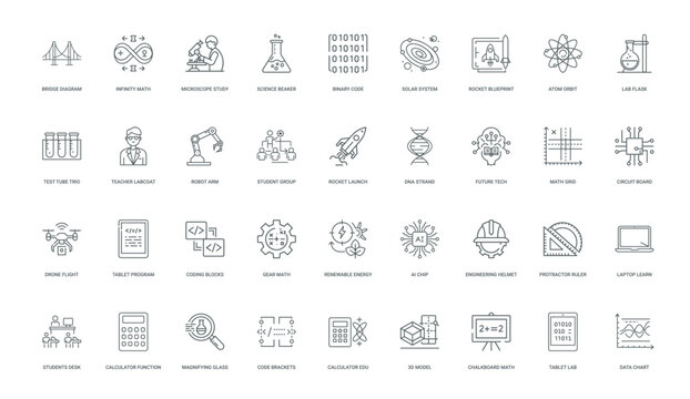 STEM education line icon set, Rocket group Robot arm launch Student labcoat Teacher - Powered by Adobe