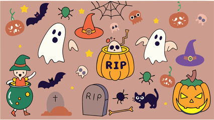 Halloween seamless background with pumpkins ghosts bats and spooky icons