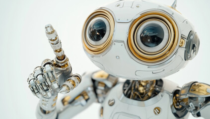Fototapeta premium A cute robot with large round eyes and shiny metal arms, golden trim on white background