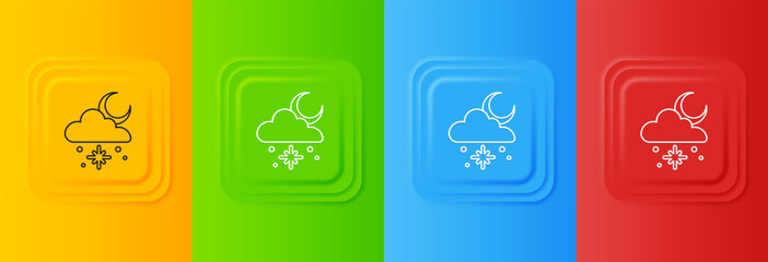 White Cloud with snow and sun icon isolated on colorful background. Cloud with snowflakes. Single weather icon. Snowing sign. Set icons in square buttons. Vector