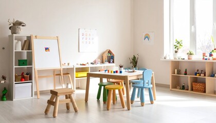 Bright, Playful Preschool Classroom with Colorful Furniture and Toys