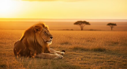 Lion resting on a savanna