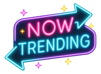 Neon graffiti-style arrow sticker with NOW TRENDING text for dynamic promo on transparent background.