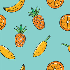 Seamless Pattern of Vibrant Tropical Fruits Bananas Pineapples and Oranges on a Light Blue Background