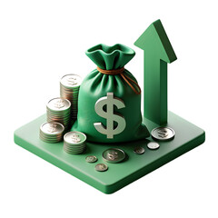 Green Money Bag with Stacks of Dollar Coins and Upward Arrow 3 D Render isolated on a transparent background