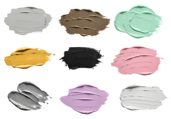 Multicolor Skincare Clay Mask and Cream Texture Set rich cosmetic smears charcoal, mint, gold, clay, lavender, and pink swatches collection natural facial masks