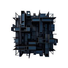 Abstract Dark Blue and Gray Geometric 3 D Structure Complex Interlocking Cubes and Rectangular Forms Architectural Model Futuristic Design isolated on a transparent background