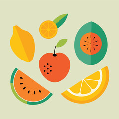 Vibrant Flat Lay Illustration of Assorted Fresh Fruits Watermelon Orange Lemon Apple