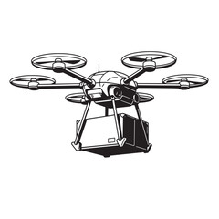 Black and white illustration depicting a drone delivering a package in a modern delivery concept