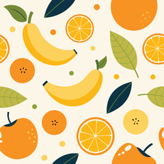 Seamless Pattern of Bananas Oranges and Leaves Vibrant Fruit Design for Textile and Wallpaper