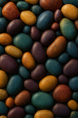 Colorful smooth river stones in assorted shades of yellow blue red green and purple arranged in closeup natural pattern