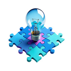 Blue Lightbulb Idea Solution Puzzle Pieces Concept 3 D Render Illustration isolated on a transparent background