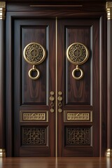 AI Generative. Luxurious Dark Wood Oriental Double Door with Golden Hardware. 3