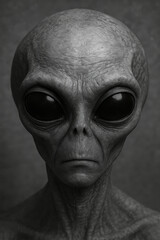 extraterrestrial alien with large black eyes elongated head and textured skin on dark background