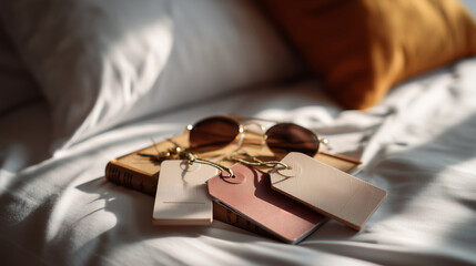 Sunglasses and luggage tags on a book placed on a bed during bright indoor light in a cozy room setting