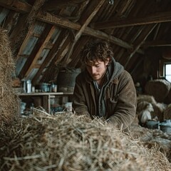 Farmhand Stacking Hay Bales in Rustic Barn Loft