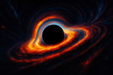 Black hole in deep space with glowing orange and red accretion disk swirling around event horizon featuring gravitational lensing and curved light distortion in a cosmic science fiction background