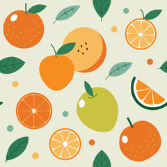 Vibrant Seamless Pattern of Oranges Apples and Melon Slices with Green Leaves on a Light Green Background