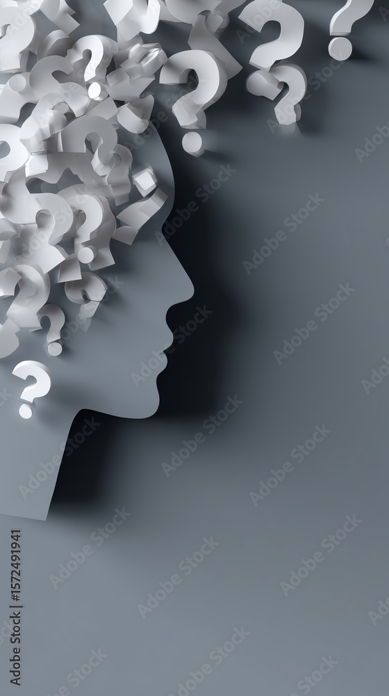 Poster creative depiction of a head with question marks illustrating thoughts and queries in a minimalist d