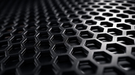 Obraz premium Close-up of a modern black hexagonal grille pattern with a dark metallic texture, ideal for use in abstract industrial backgrounds or high-tech design concepts.