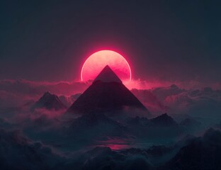 Crimson sun, pyramid peak, misty mountain