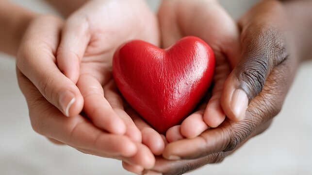 Diverse hands gently holding a vibrant red heart symbolizing unity and compassion