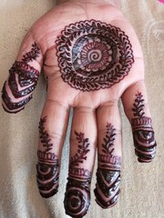 Intricate mehndi design with a circular floral pattern on the palm, detailed fingertip motifs, and...