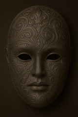 Dark ornamental mask with intricate engraved patterns and hollow eyes on dramatic black background