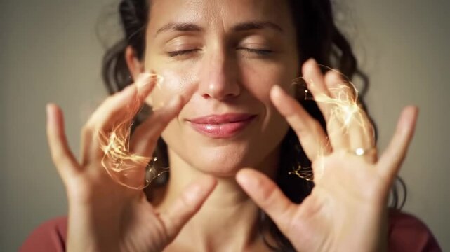 Woman with eyes closed smiles as glowing energy manifests around her hands during meditation or healing.