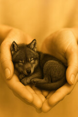 Tiny sleeping baby wolf curled up in gentle human hands with warm golden lighting symbolizing care and protection