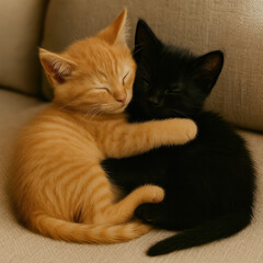 Adorable orange and black kittens hugging each other while sleeping peacefully on beige couch in cozy indoor setting