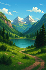 Scenic landscape with mountain lake surrounded by lush green hills pine trees and snow capped peaks under clear blue sky