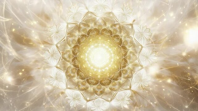 Golden mandala with floral details on a shimmering background.
