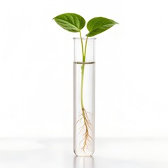 Green plant sprout with roots in a test tube filled with water, ideal for illustrating botanical research, biotechnology, and sustainable growth.