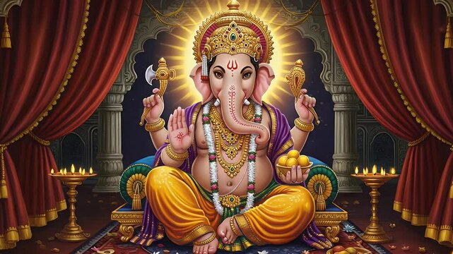 Hindu deity Ganesha, depicted in a richly decorated, ornate setting