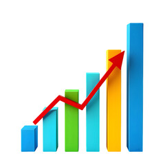 Colorful 3 D Bar Graph Showing Upward Trend with Red Arrow Isolated on a transparent background chart