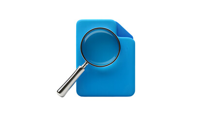 A metallic magnifying glass rests atop a vibrant blue digital file folder icon isolated on a transparent background