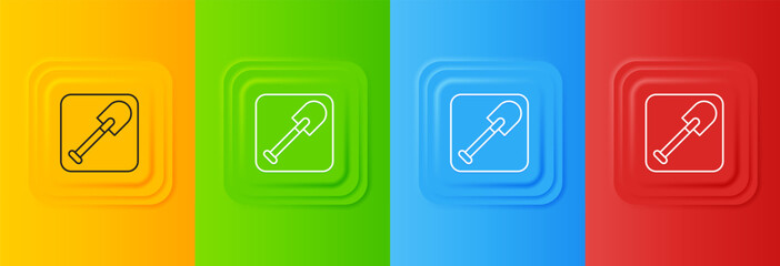 White Shovel icon isolated on colorful background. Gardening tool. Tool for horticulture, agriculture, farming. Set icons in square buttons. Vector