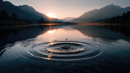 Sunrise ripple on still lake. Mountains reflect