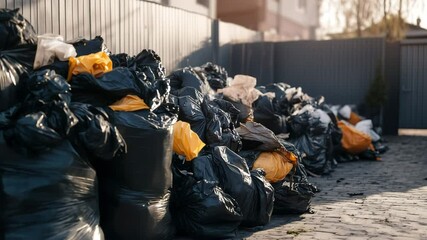 A pile of waste ready to be removed and disposal to landfill. Recycling waste management, Environmental pollution, Waste recycling, City cleanliness, Urban sanitation concept	
 - Powered by Adobe