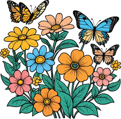 Aesthetic Vibrant Vector of Flowers and Butterfly