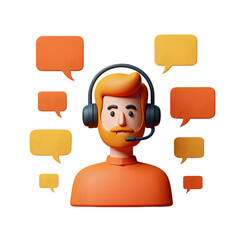 Orange Shirt Redhead Male 3 D Cartoon Customer Service Agent with Headset and Speech Bubbles isolated on a transparent background