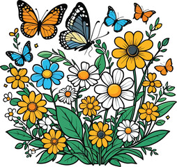 Aesthetic Vibrant Vector of Flowers and Butterfly