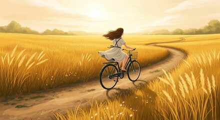 Sun-Kissed Bicycle Ride — Serene Girl Cycling Through Golden August Fields