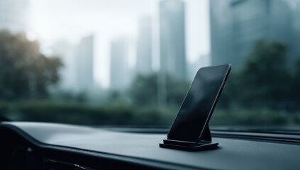 Smartphone on car dashboard, city view